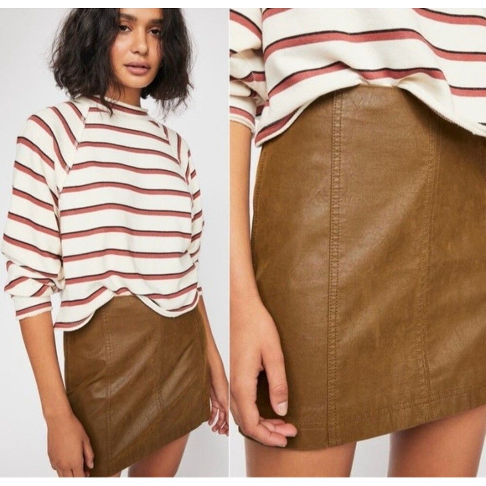 Free People Mini Skirt Tobacco Modern Femme Vegan Suede Zip Lined Size 8